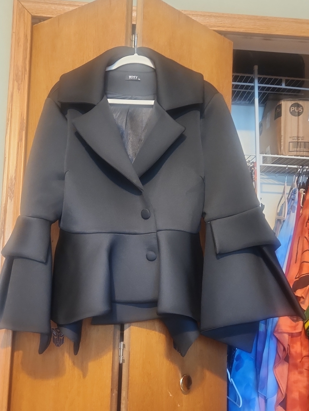 WHY Black Peplum Tiered Bell-Sleeve Blazer